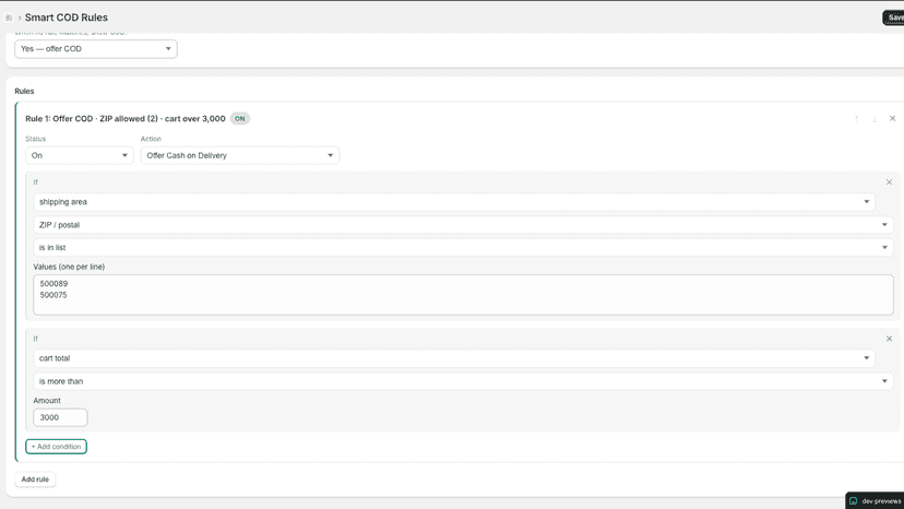 Adding multiple conditions to allow/block COD access.