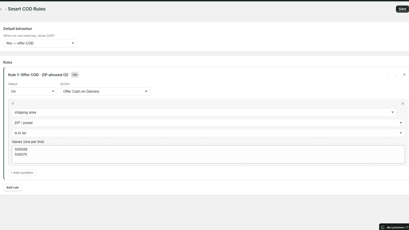 Creating rules for zip codes to block/allow access to COD