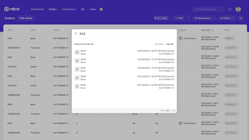 Rabot Orders: instant type-ahead search for order IDs in tables