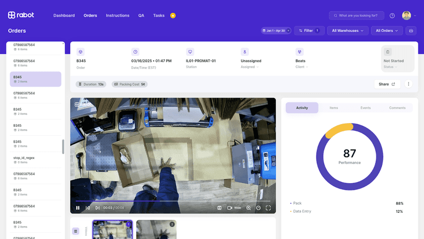 Order details with packing video, performance score, activity UI