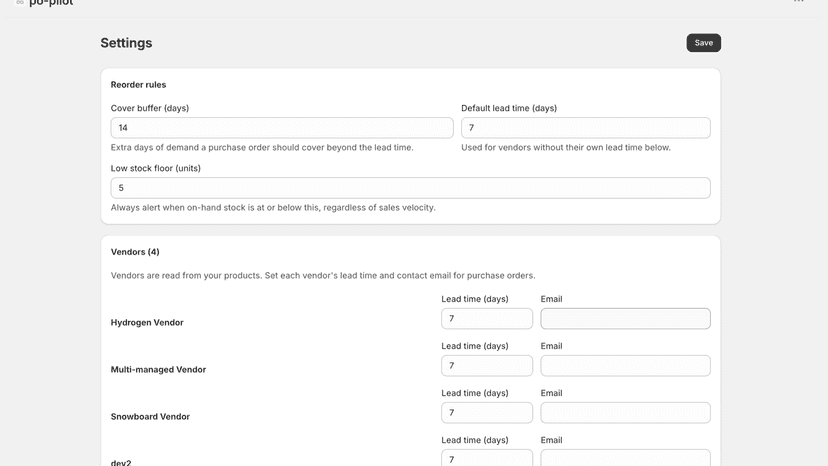 Settings with per-vendor lead times and reorder rules