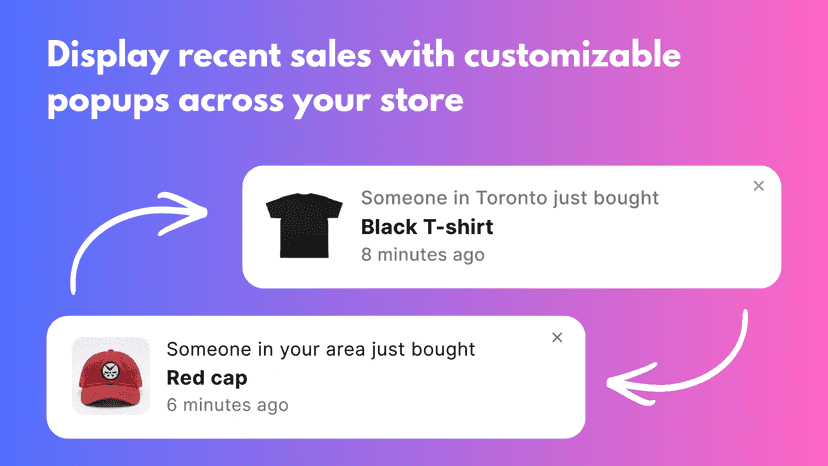 Recent sales popup showing product purchase notifications