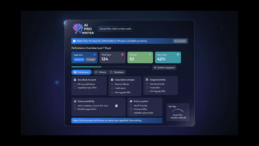 AI Product Writer notifications page with statistics and prefere