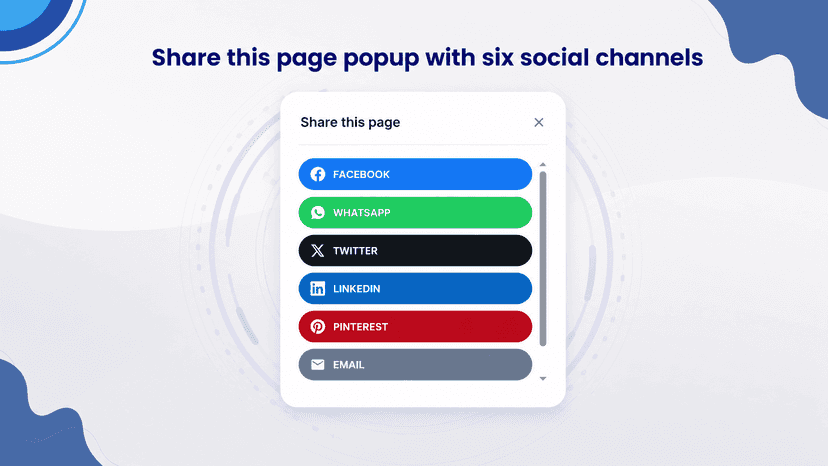 Share this page popup with six social channels