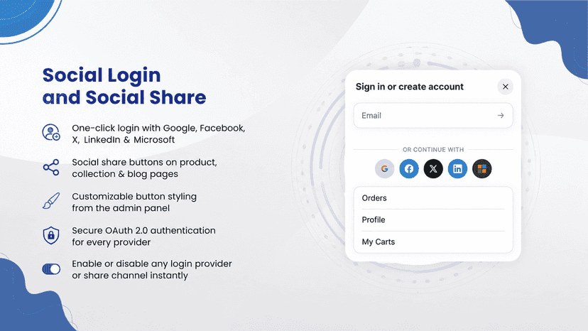 One-click social sign-in flyout with 5 login providers