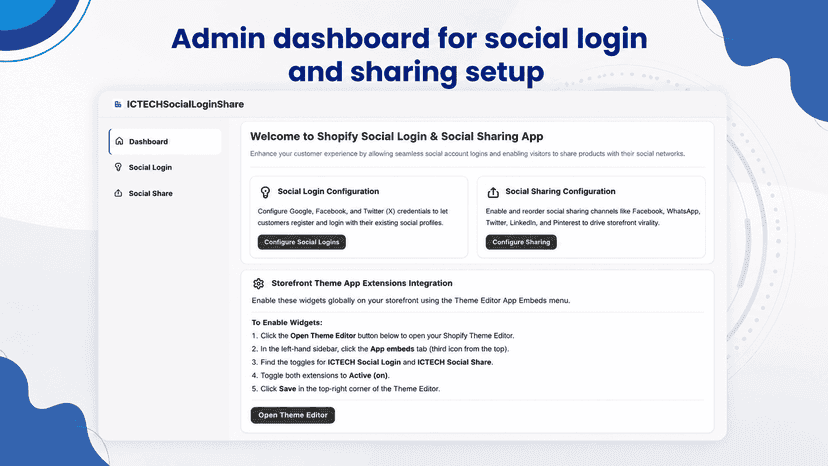 Admin dashboard for social login and sharing setup
