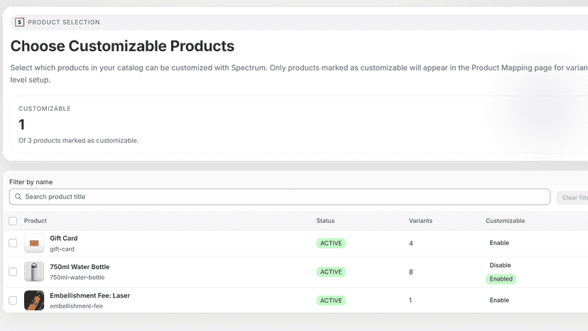 Customizable product selection