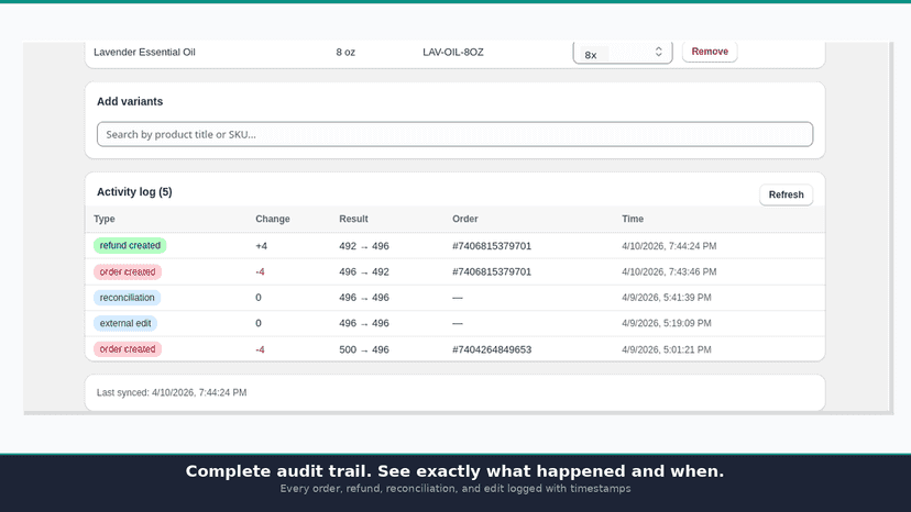 Activity log showing orders, refunds, and reconciliation