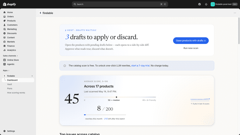 Dashboard: score 26 across 17 products, 47 drafts to apply now