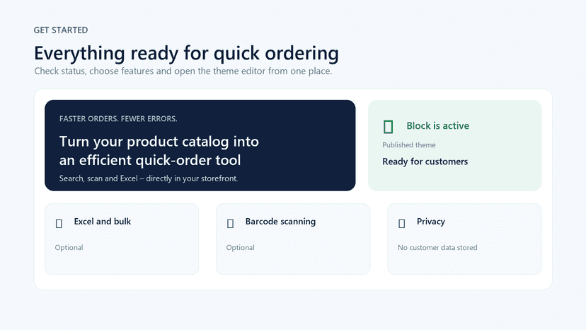 Merchant overview with active storefront block and features