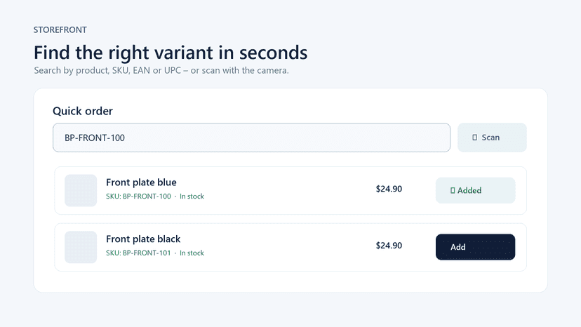 Storefront SKU search with a clear product added confirmation