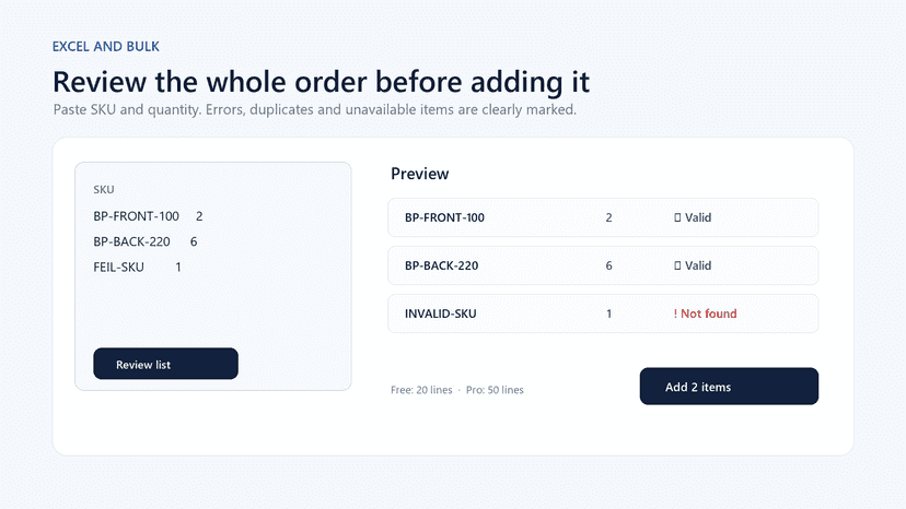 Excel bulk order preview with valid and missing SKU lines