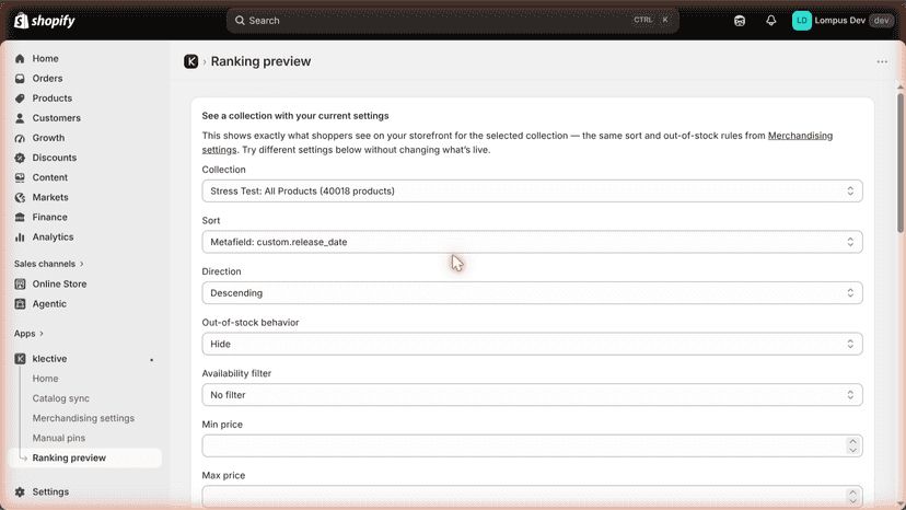 Ranking preview settings
