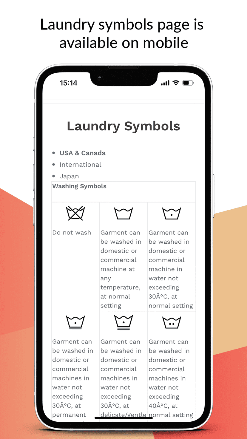 Laundry Symbols and product care guide for Shopify on mobile