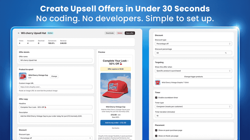 Creating a post purchase upsell offer in UpsellCat admin