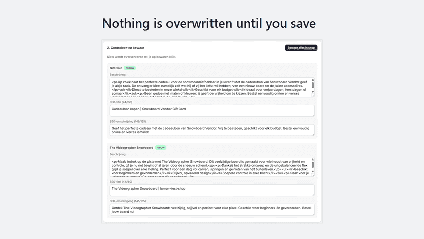 Generated Dutch product description with SEO, editable