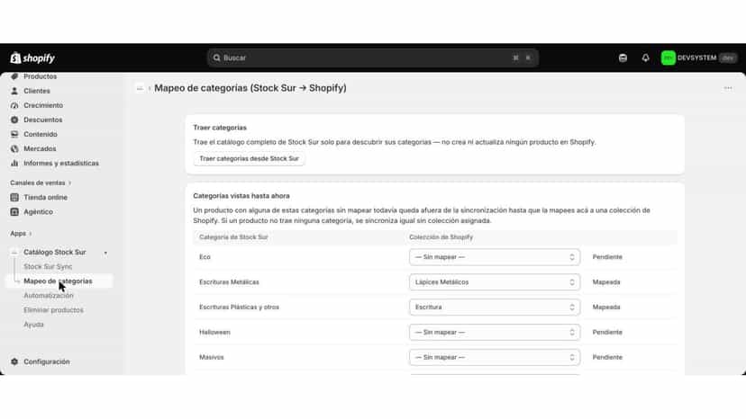 Mapeo de categorías de Stock Sur a colecciones de Shopify