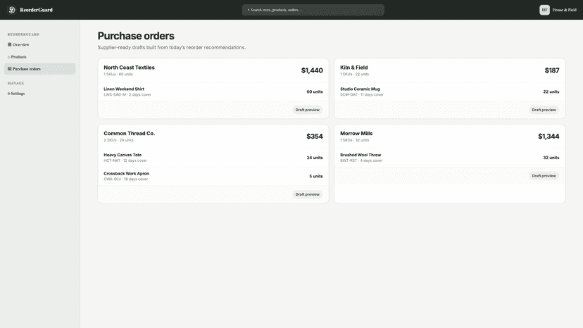 Supplier-grouped purchase-order draft previews