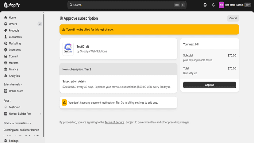 Activate subscriptions securely using Shopify Billing method.
