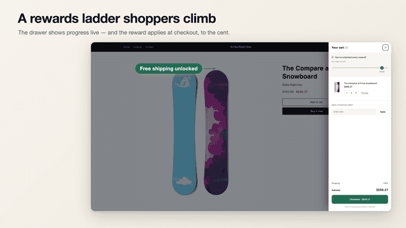 Cart drawer with rewards ladder cleared and free shipping