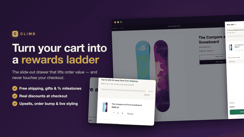 Climb cart drawer with every reward unlocked on a product page