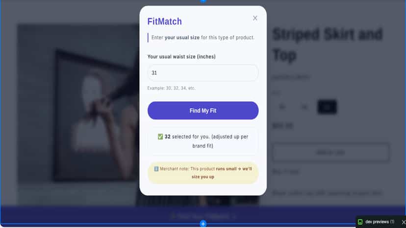 Sizing calculation success message with brand adjustment.