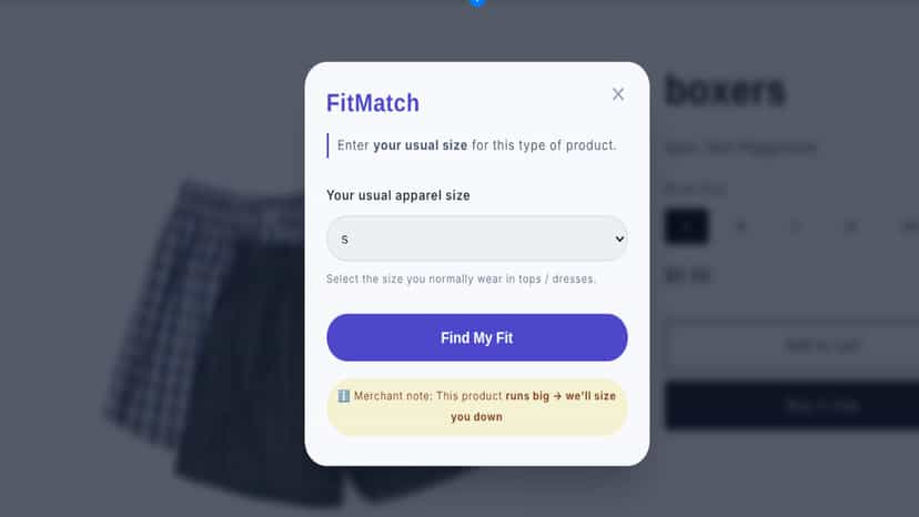 Interactive sizing calculator modal on a product page.