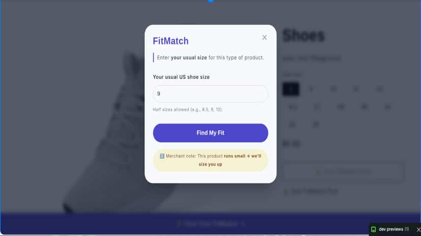 Customized fit calculation modal for footwear size.