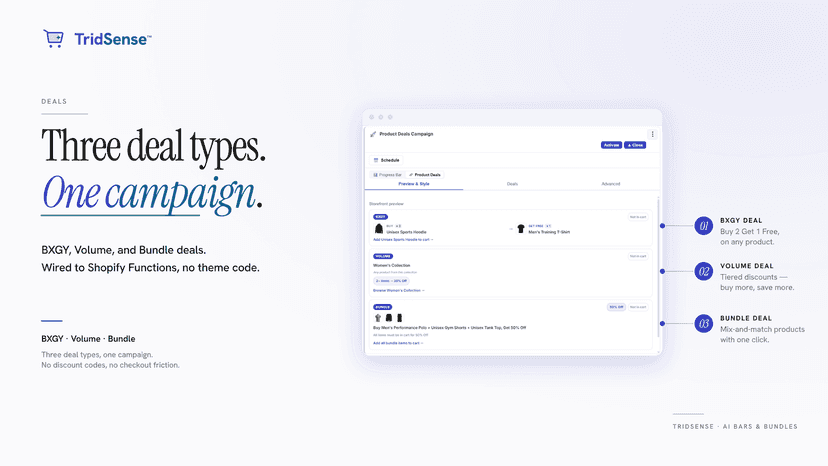 Product deals: buy X get Y, volume, and bundle in one campaign