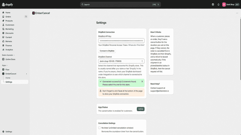 EmberCancel Settings Page 1