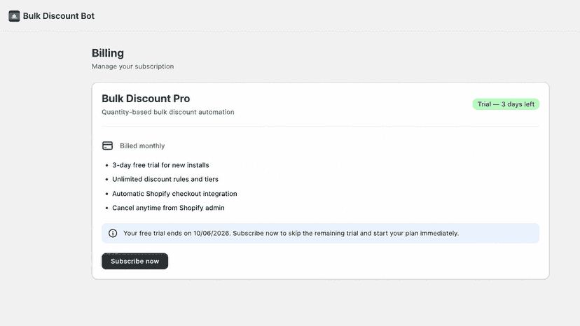 Billing page showing monthly plan and 3-day free trial