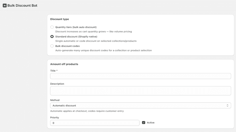 Discount rule form with tiered, standard, and bulk code options