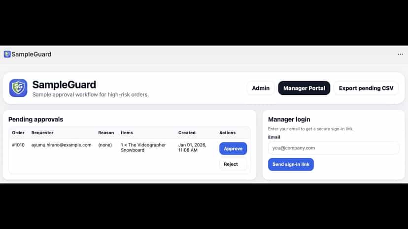 Secure manager approval screen for pending sample orders