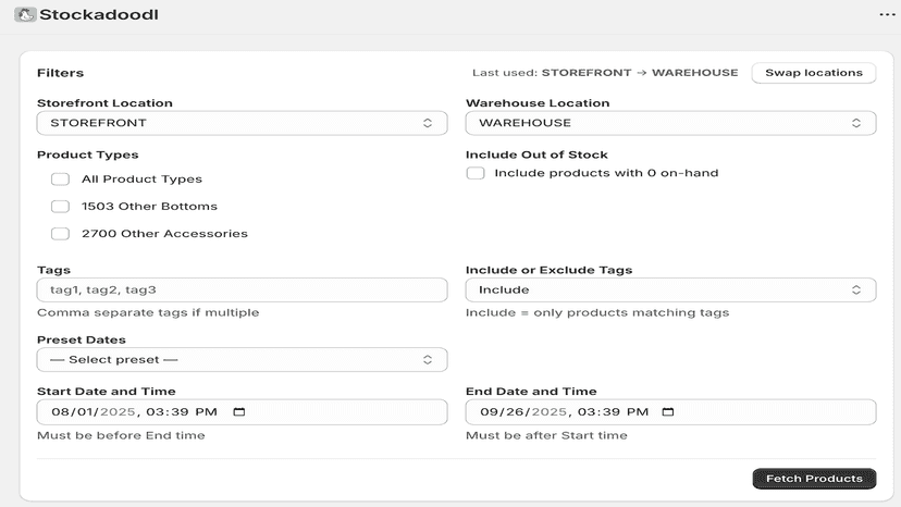 Choose filters (date/time, product, tags, locations)