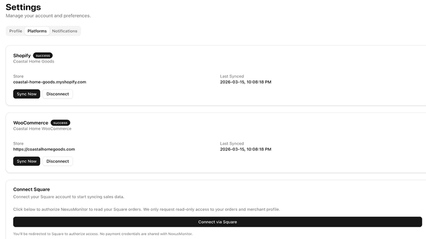 Shopify and WooCommerce connected with live sync status