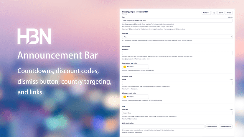 Countdown, discount code, dismiss button, geo targeting, link.