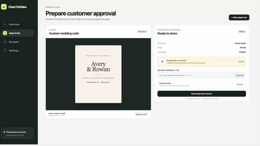 Merchant prepares and shares a secure proof for approval