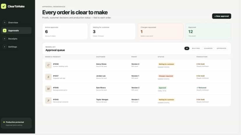 Approval queue with proof status and production holds