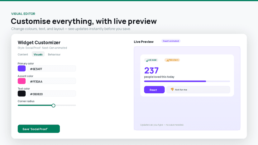 Visual editor with live feedback widget preview