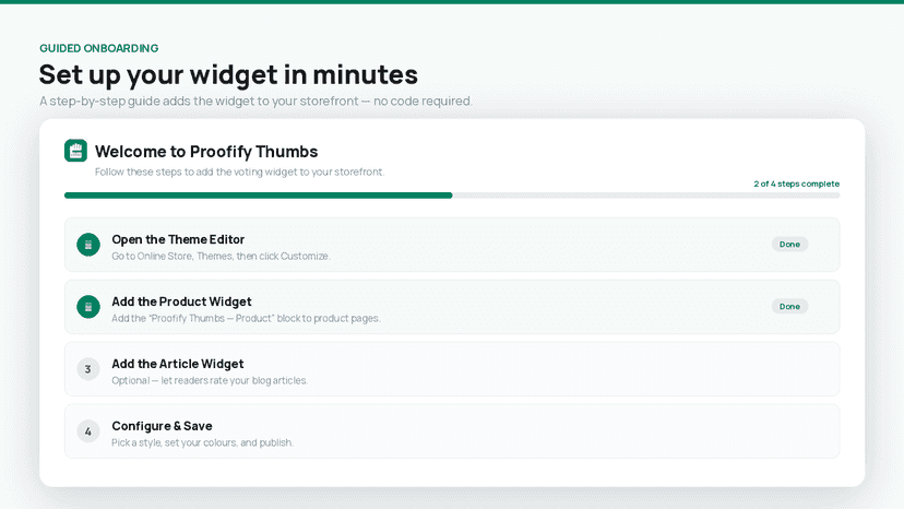 Four-step onboarding guide for widget installation