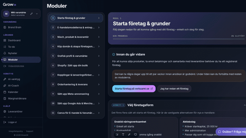 Grow24 learning modules covering e-commerce and dropshipping