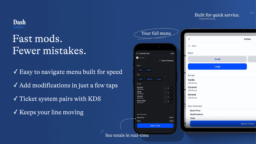 Dash POS on iPad and iPhone showing the product menu