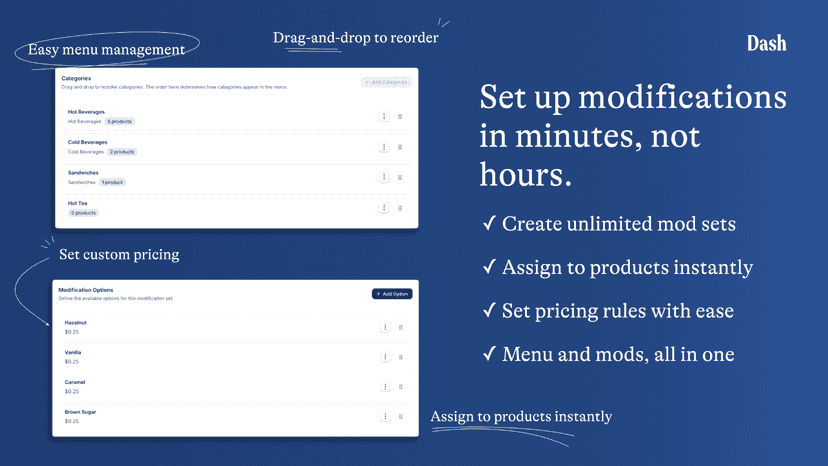 Dash admin showing menu categories and modifier pricing setup