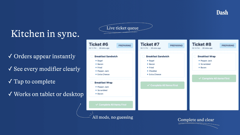 Dash kitchen display system showing live ticket queue