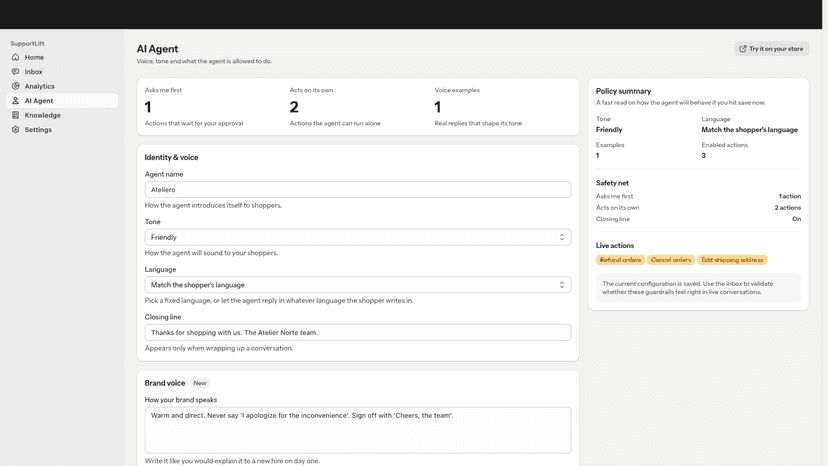 AI Agent settings with safety net and live action toggles
