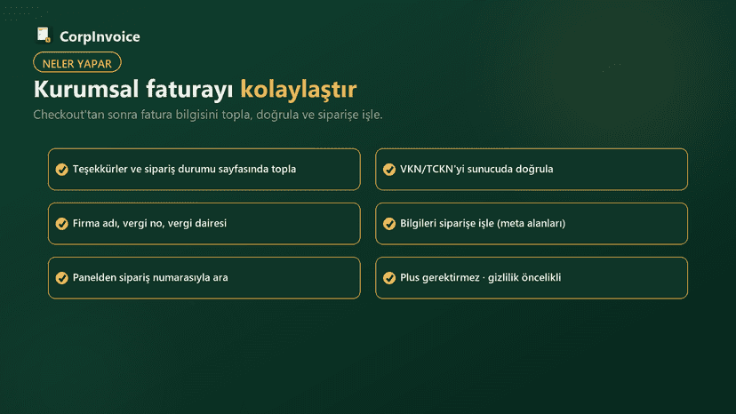 CorpInvoice özellikleri: topla, doğrula, siparişe işle, panelde