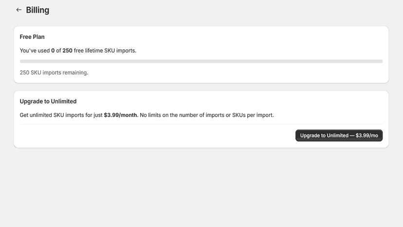 Billing page showing free plan and upgrade option