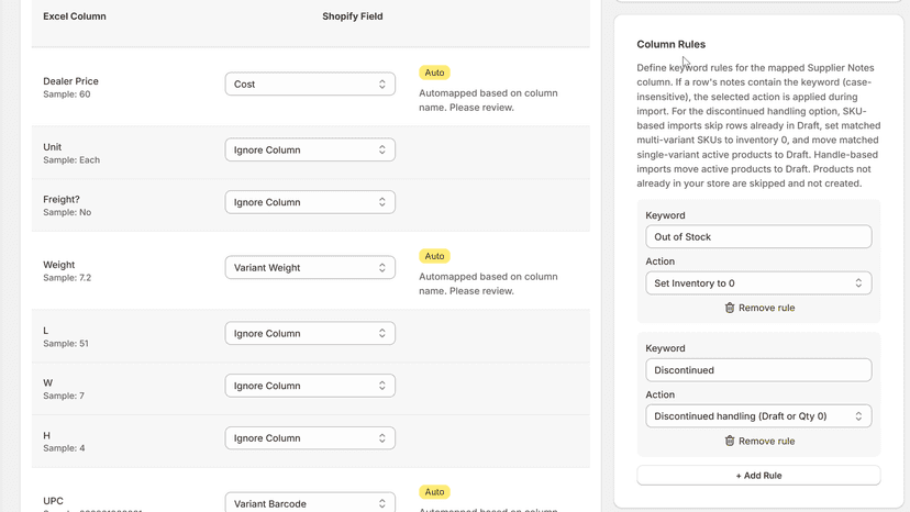 Column mapping screen with rules for stock handling