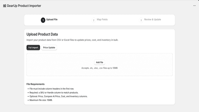 GearUp importer upload screen with file requirements