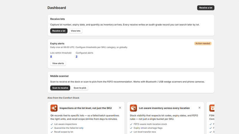 Lot Comfort dashboard with expiry scan